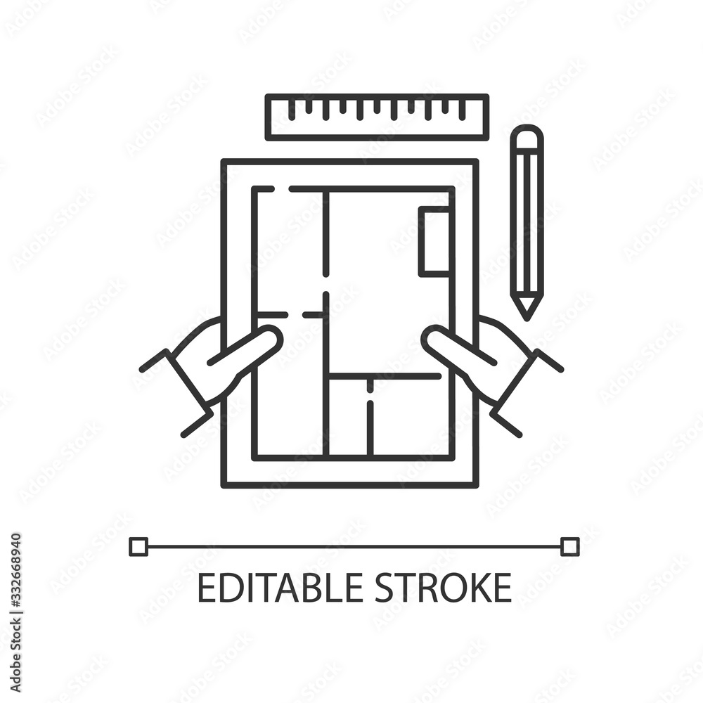 Interior designer pixel perfect linear icon. Premises design, apartment architectural plan. Thin line customizable illustration. Contour symbol. Vector isolated outline drawing. Editable stroke Interior designer pixel perfect linear icon. Premises design, apartment architectural plan. Thin line customizable illustration. Contour symbol. Vector isolated outline drawing. Editable stroke