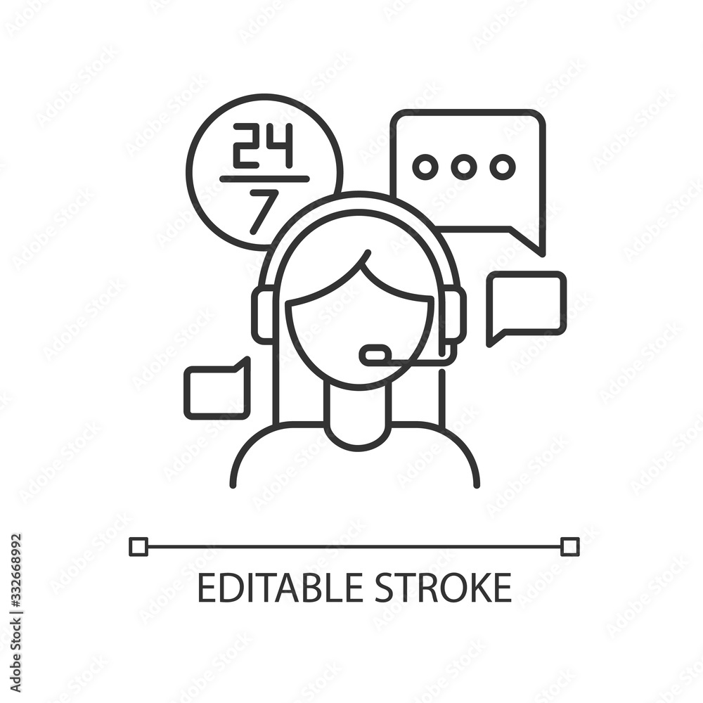 Customer service jobs pixel perfect linear icon. 24 hours assistance, client technical support. Thin line customizable illustration. Contour symbol. Vector isolated outline drawing. Editable stroke Customer service jobs pixel perfect linear icon. 24 hours assistance, client technical support. Thin line customizable illustration. Contour symbol. Vector isolated outline drawing. Editable stroke