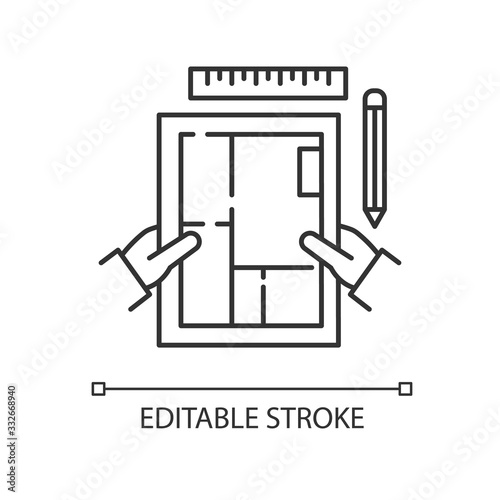 Interior designer pixel perfect linear icon. Premises design, apartment architectural plan. Thin line customizable illustration. Contour symbol. Vector isolated outline drawing. Editable stroke
