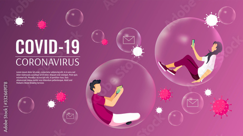 Web page design template for Coronavirus, Medicine, Health care, Quarantine. Young people in bubbles and viruses. Vector illustration for poster, banner, website, flyer, cover.