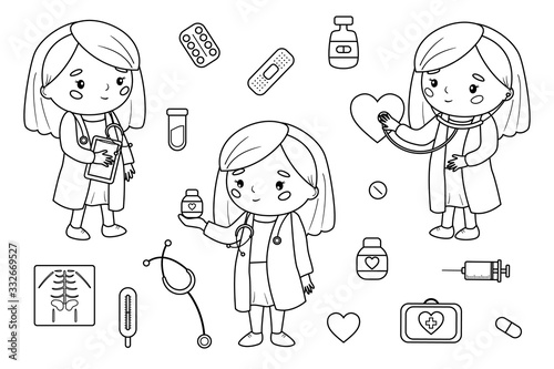 Coloring page for children. Set of cartoon kawaii doctor with medicine tools. Black and white outline illustration.