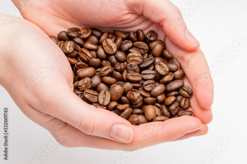Hand full of fresh roasted coffee beans holding dark seeds in hands