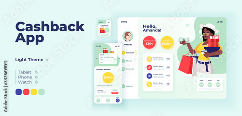 Cashback app screen vector adaptive design template. Internet shopping, money refund application day mode interface with flat character. Customer profile smartphone, tablet, smart watch cartoon UI