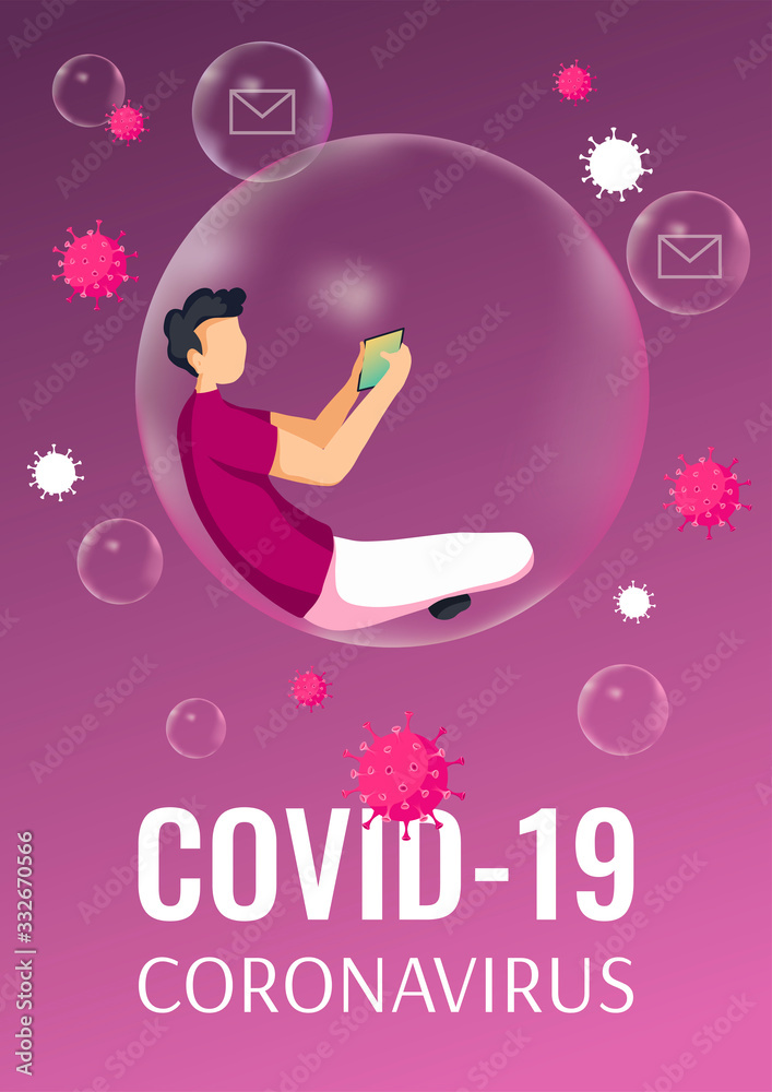 Banner design for Coronavirus, Medicine, Health care, Quarantine. Young man in bubble and viruses. A4 Vector illustration for poster, banner, cover, flyer.