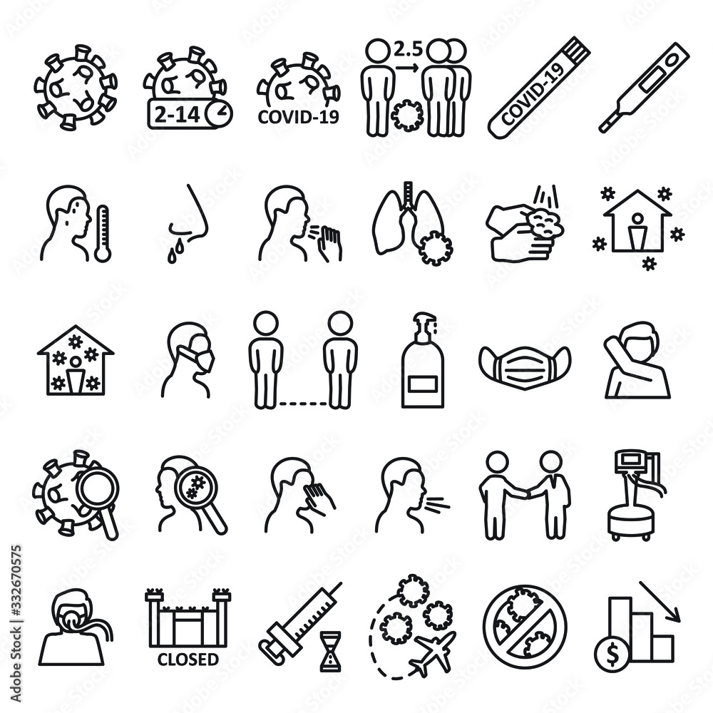 Coronavirus line icon set. Prevention, transmition, advice ant other. Covid-19 virus icon set. Vector. Coronavirus line icon set. Prevention, transmition, advice ant other. Covid-19 virus icon set. Vector.