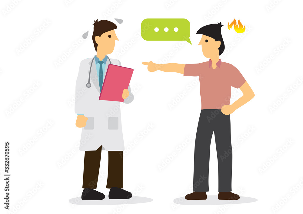 Doctor talking with his angry patient or patient relative in a hospital. Concept of healthcare system or medical occupation.