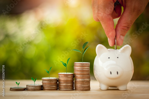 Hand putting coins in a piggy bank for save money with sun light bokeh background and tree growing on coin. Saving Money concept. photo