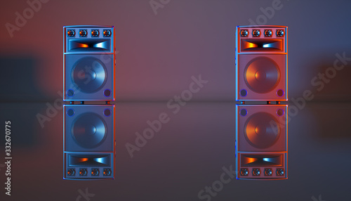 speaker system on a black background in blue and orange lighting