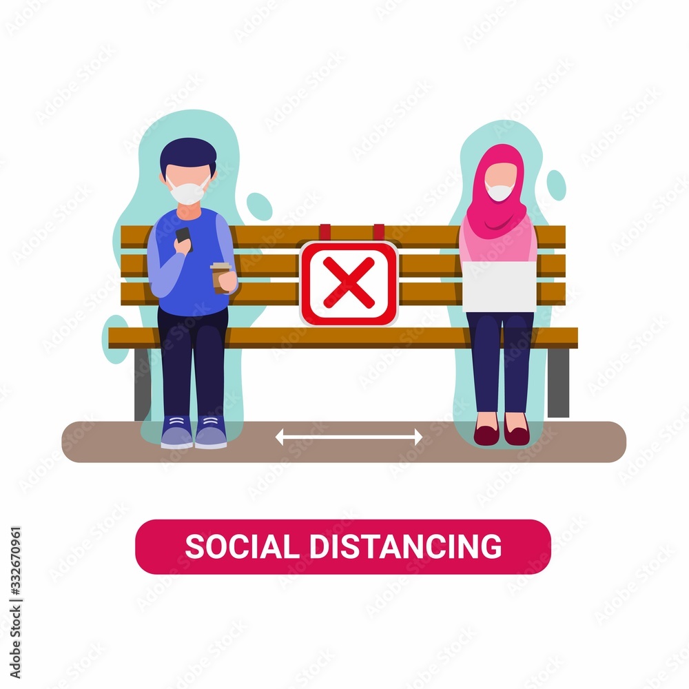 Social Distancing on public area, people sitting and keeping distance for infection risk and disease in flat illustration vector isolated in white background