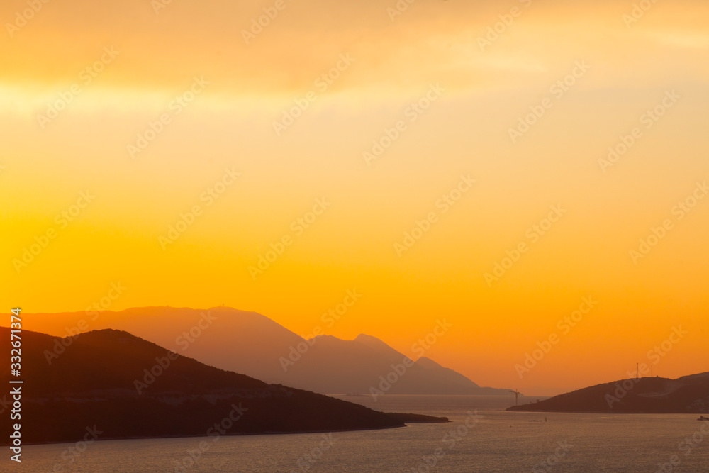 amazing sky sunset landscape with mountain and water