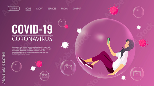 Web page design template for Coronavirus, Medicine, Health care, Quarantine. Young woman in bubble and viruses. Vector illustration for poster, banner, website, flyer.