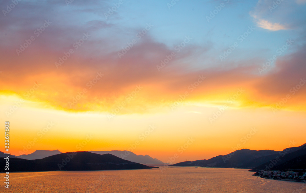 amazing sky sunset landscape with mountain and water amazing sky sunset landscape with mountain and water