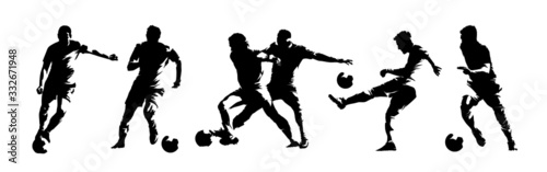 Soccer players, group of footballers. Set of isolated vector silhouettes. Ink drawing. Team sport
