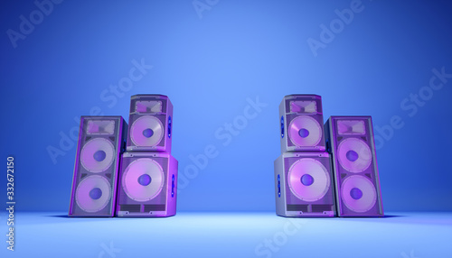 Valokuva blue speaker system on a blue background in purple lighting