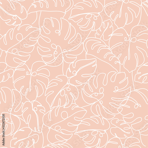 Contemporary floral seamless pattern. One line continuous monstera leaves. Texture for textile, packaging, wrapping paper, social media post etc. Vector illustration.