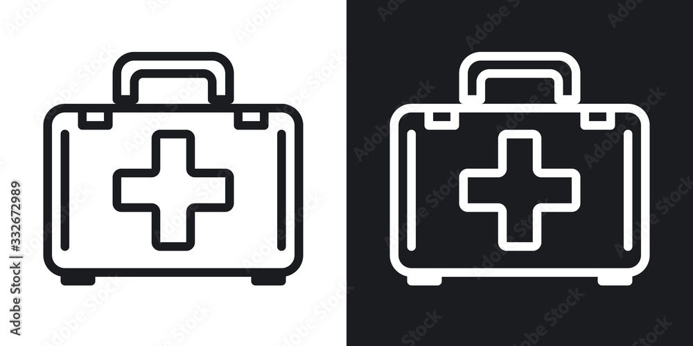 First aid, help or doctor bag icon. Simple two-tone vector illustration on black and white background First aid, help or doctor bag icon. Simple two-tone vector illustration on black and white background