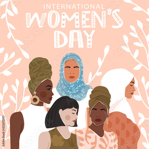 International Women's Day greeting card. Abstract woman portrait different nationalities on background with leaves. Girl power, feminism, sisterhood concept. Vector illustration.