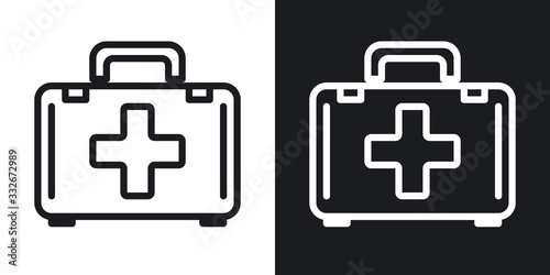 First aid, help or doctor bag icon. Simple two-tone vector illustration on black and white background