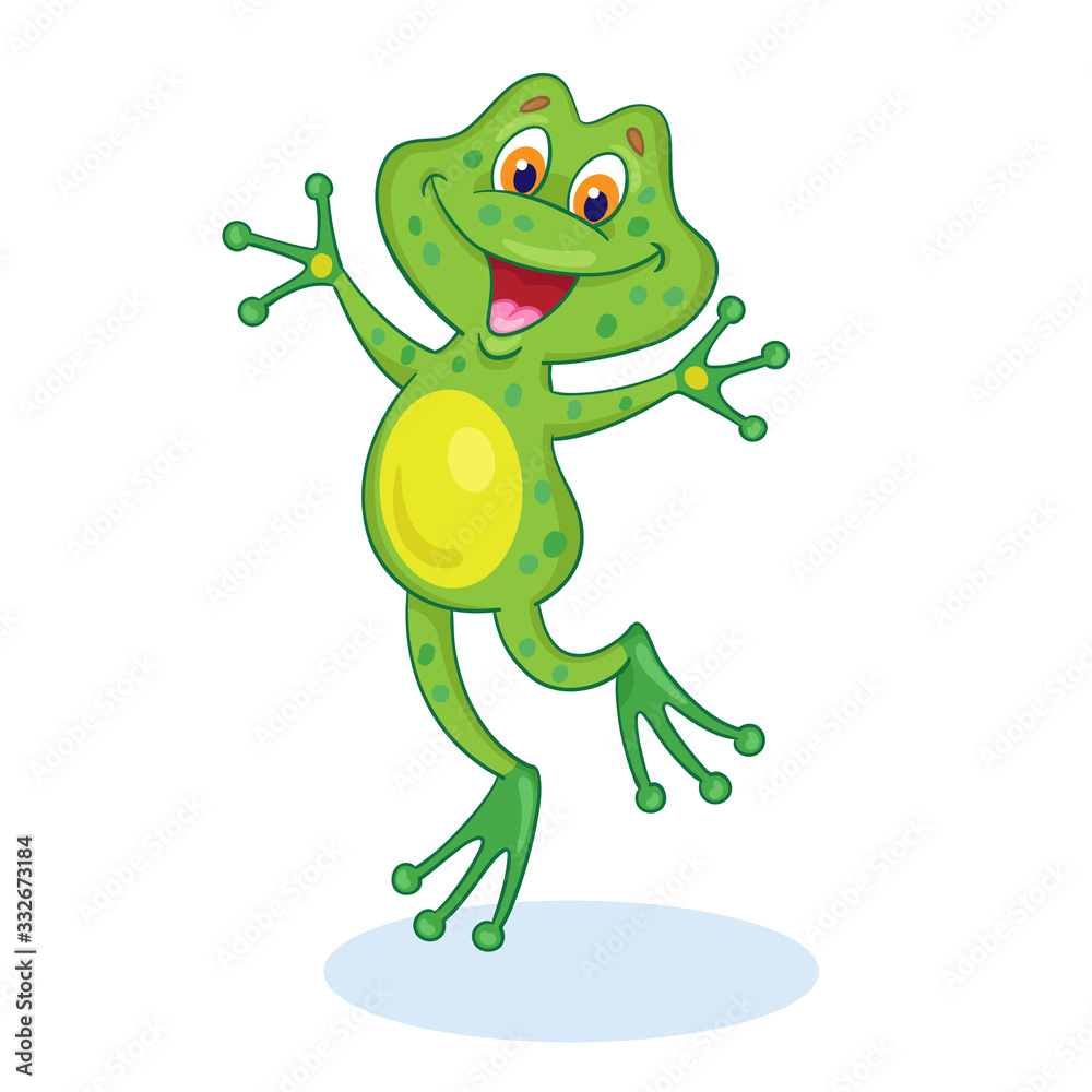 The happy frog is jumping. In cartoon style. Isolated on white background. Vector illustration.The happy frog is jumping. In cartoon style. Isolated on white background. Vector illustration.
