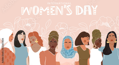 International Women's Day greeting banner. Abstract woman portrait different nationalities on floral linear background. Girl power, feminism, sisterhood concept. Vector illustration.
