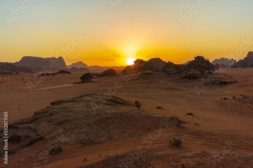 Vintage photos from archive. Jordan. Sunset in Wadi Rum desert. Martian landscapes in lifeless desert. Red rocks and red sand.