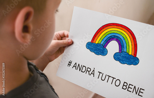andra tutto bene, Everything is gonna be alright in hand drawing letters and a rainbow with clouds drawn by a child. quarantine corona virus flu, the covid 19.