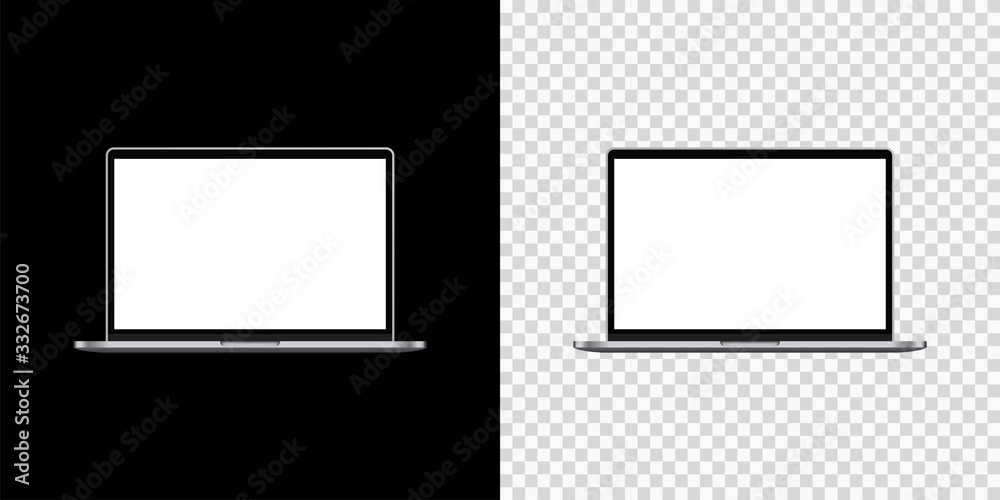 Mockup laptop empty screen front view on isolated and black background. Vector Mockup laptop empty screen front view on isolated and black background. Vector