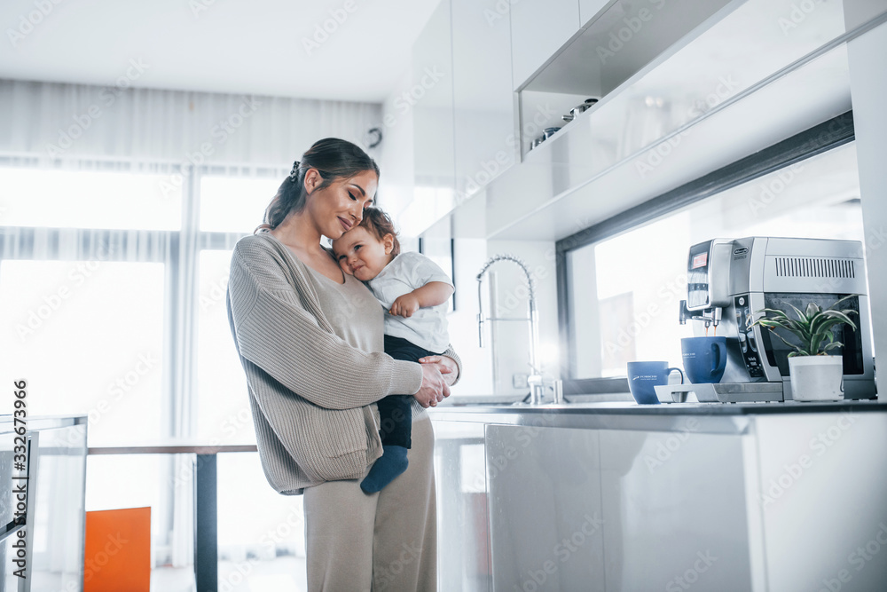 Female blogger mother with her kid together indoors at home at weekend Female blogger mother with her kid together indoors at home at weekend