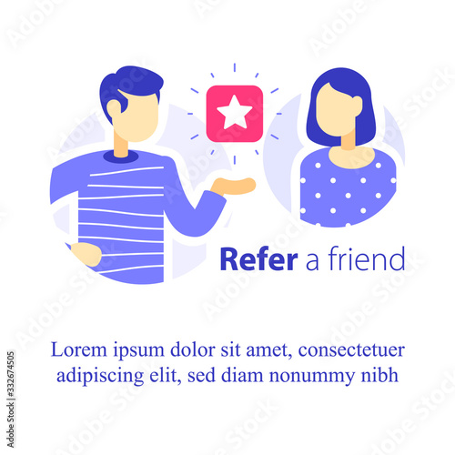 Refer a friend concept, referral program, two people talking, recommend application