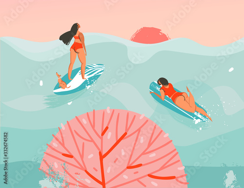 Hand drawn vector stock abstract graphic illustration with a swimming surfer girls in ocean waves landscape and sundown view isolated on blue background