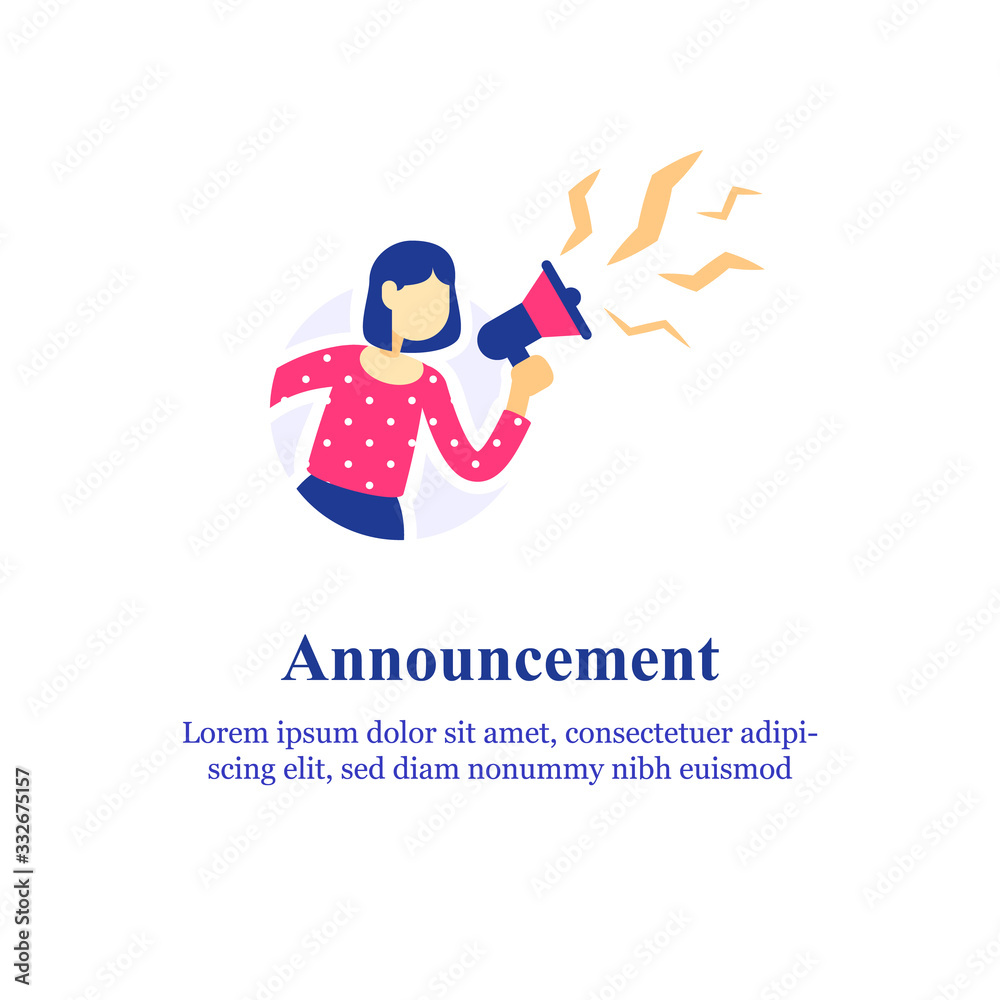 Fototapeta premium Event announcement, woman holding megaphone and shouting, special offer concept, refer a friend program
