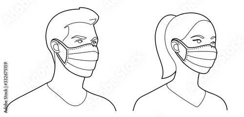 Man and woman wearing medical face mask to protect themselves from catching a virus, vector illustration in outlines, black and white colours.