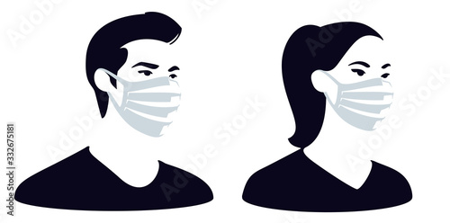 Man and woman wearing medical face mask to protect themselves from catching a virus, vector illustration, 3 colours.