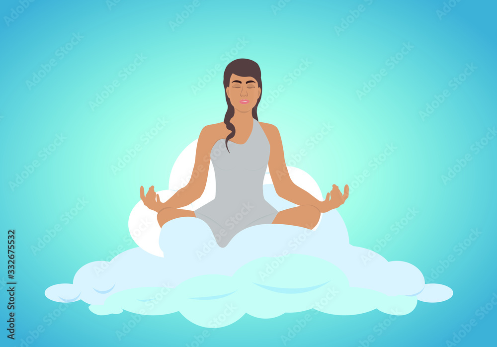 Beautiful girl doing yoga meditates on a cloud