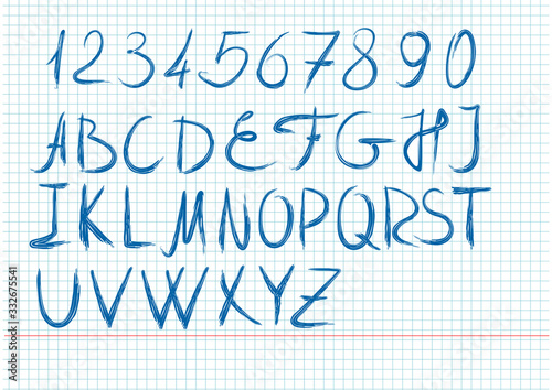 The letters and numbers written by hand in a school notebook. Brush Style Hand Draw Font Abc. Handwritten blue sketch alphabet on a sheet from a school notebook. Vector script