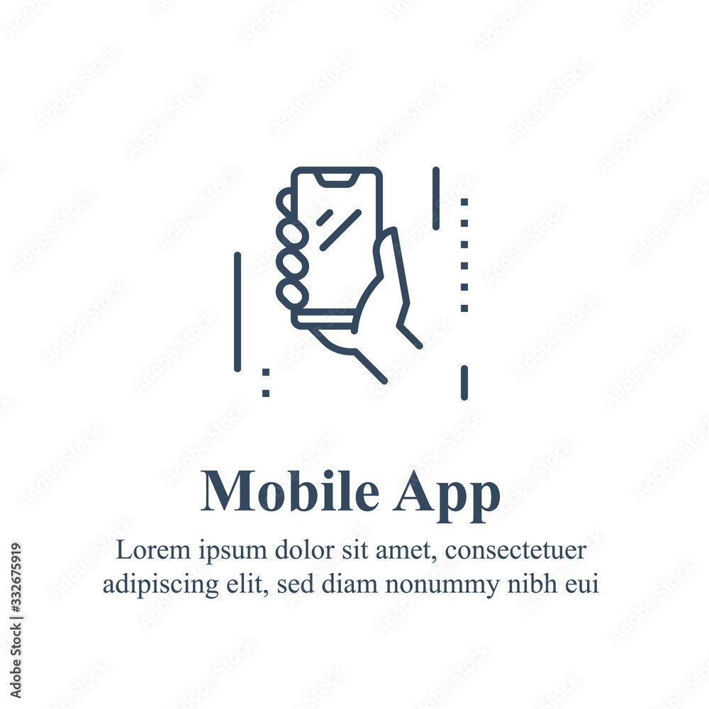 Hand holding smartphone, install mobile app, online services Hand holding smartphone, install mobile app, online services