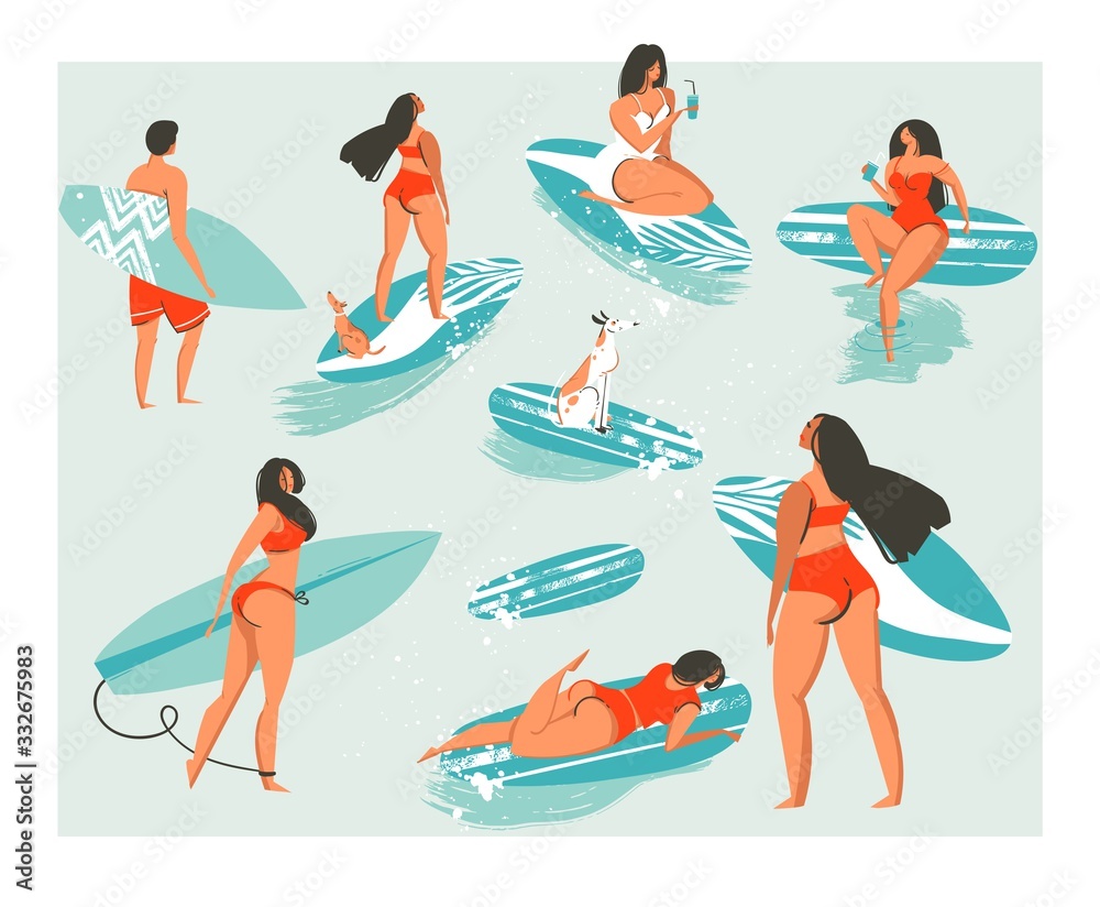 Hand drawn vector abstract collection of cute funny people in swimwear surfing in sea or ocean. Bundle of happy surfers in beachwear with surfboards isolated on white background Hand drawn vector abstract collection of cute funny people in swimwear surfing in sea or ocean. Bundle of happy surfers in beachwear with surfboards isolated on white background