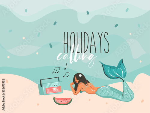 Hand drawn vector stock abstract graphic illustration with a sunbathing mermaid young girl lying on ocean beach seashore and Holidays calling typography text isolated on colour background