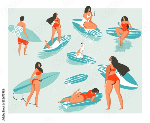 Hand drawn vector abstract collection of cute funny people in swimwear surfing in sea or ocean. Bundle of happy surfers in beachwear with surfboards isolated on white background