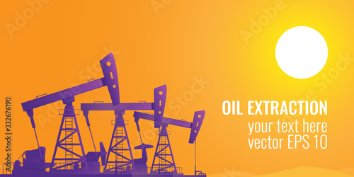 The oil extraction banner with pump jacks, sun, and copy space is created in purple and orange colors. Vector illustration eps 10.