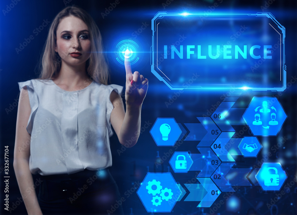 Business, Technology, Internet and network concept. Young businessman working on a virtual screen of the future and sees the inscription: Influence