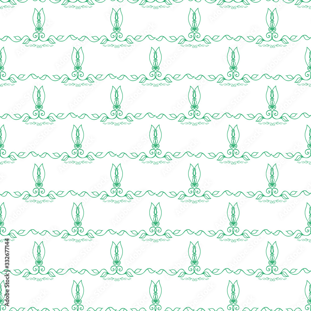 Obraz premium Ornate celtic seamless vector pattern background. Modern stylized floral green white backdrop. Hand drawn linear geometric swirl repeat. All over print for irish, scottish gaelic wedding concept