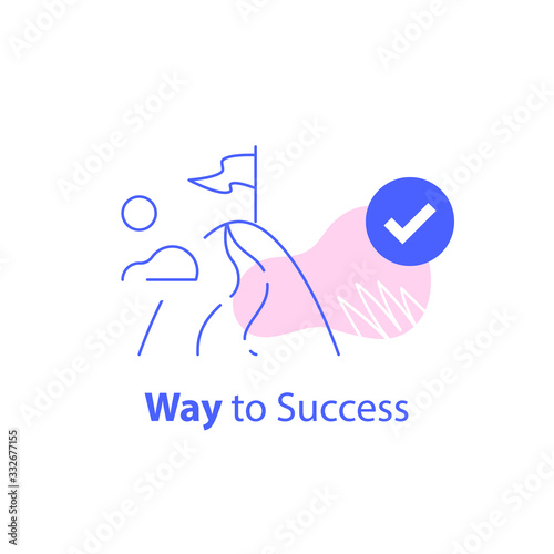 Long term goal, way to success, mountain with flag, reach higher achievement, next level progress
