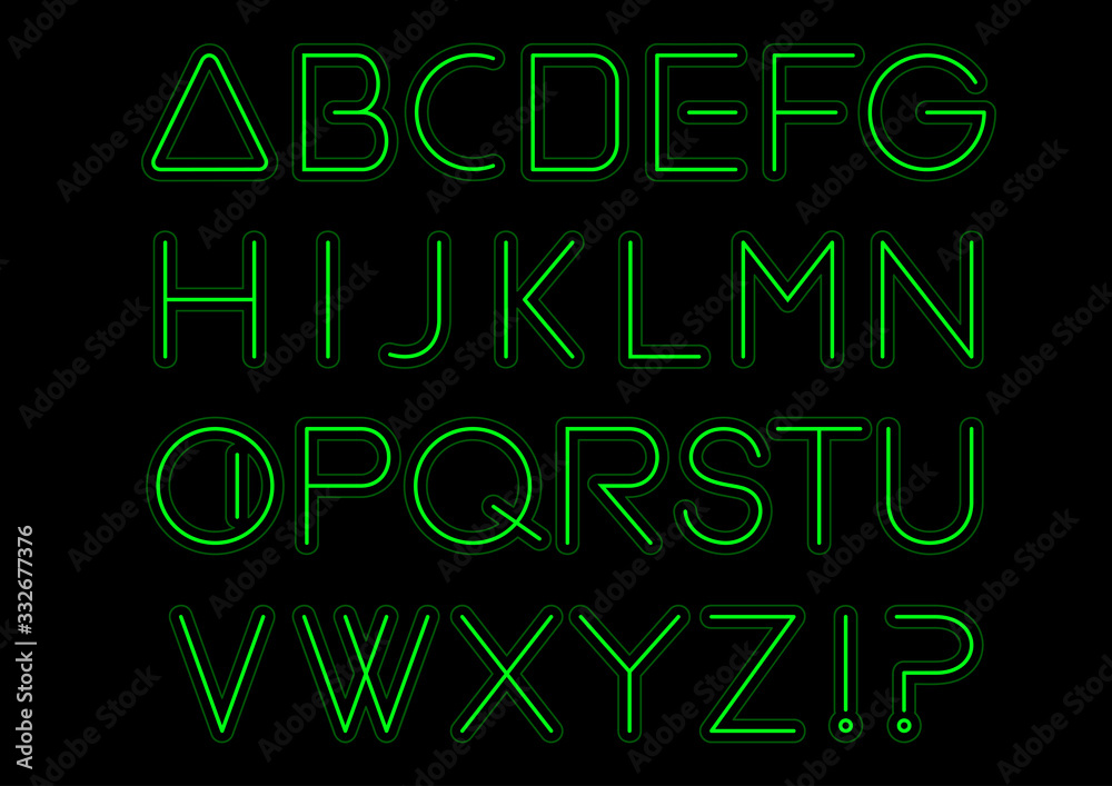 Green light alphabet font. Neon Letters. Bright typeset sign. Typography text for decoration and advertising. Vector illustration