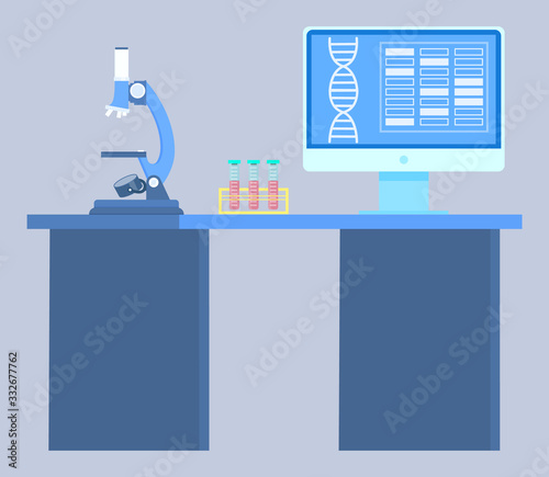 Medical laboratory, table with microscope and flask tubes and online monitor with DNA sign and data information. Vector workplace in hospital, chemicals