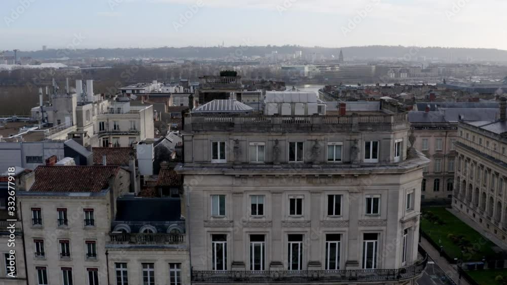 Buildings in Cours du Juillet street in Bordeaux France with Garonne river in winter, Aerial pedestal up shot Buildings in Cours du Juillet street in Bordeaux France with Garonne river in winter, Aerial pedestal up shot