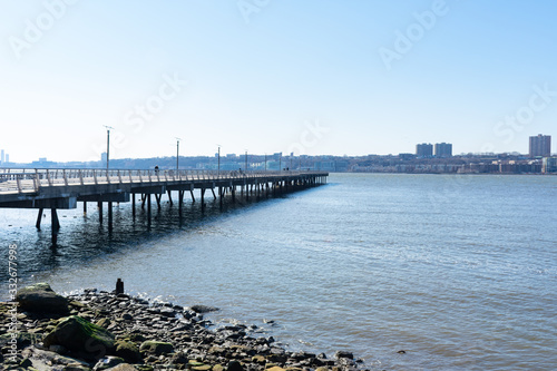Pier I along the Hudson River in Lincoln Square of New York City with a Clear Blue Sky