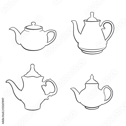 Black and white sketches of teapots. Various shapes. Coloring page for kids and adults.