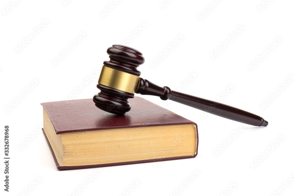 Wooden judges gavel on white background in close up. Space for text Wooden judges gavel on white background in close up. Space for text