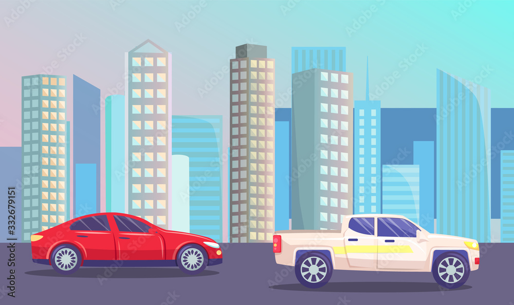 Highway with cars on roads. Futuristic cityscape with vehicles in city. Modern skyline with skyscrapers. Business center in town and automobiles passing district. Urban landscape. Vector in flat style